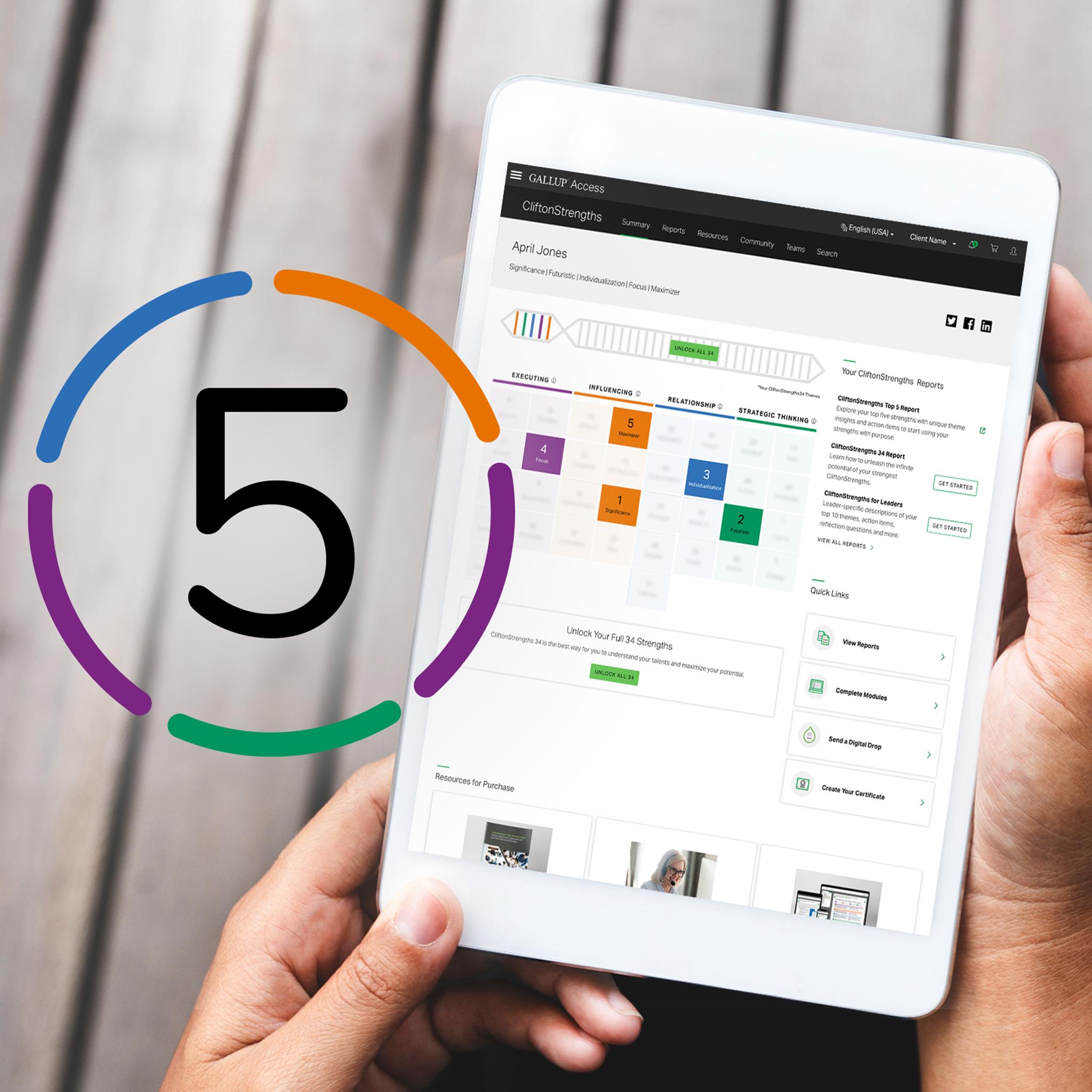CliftonStrengths summary page on a tablet.