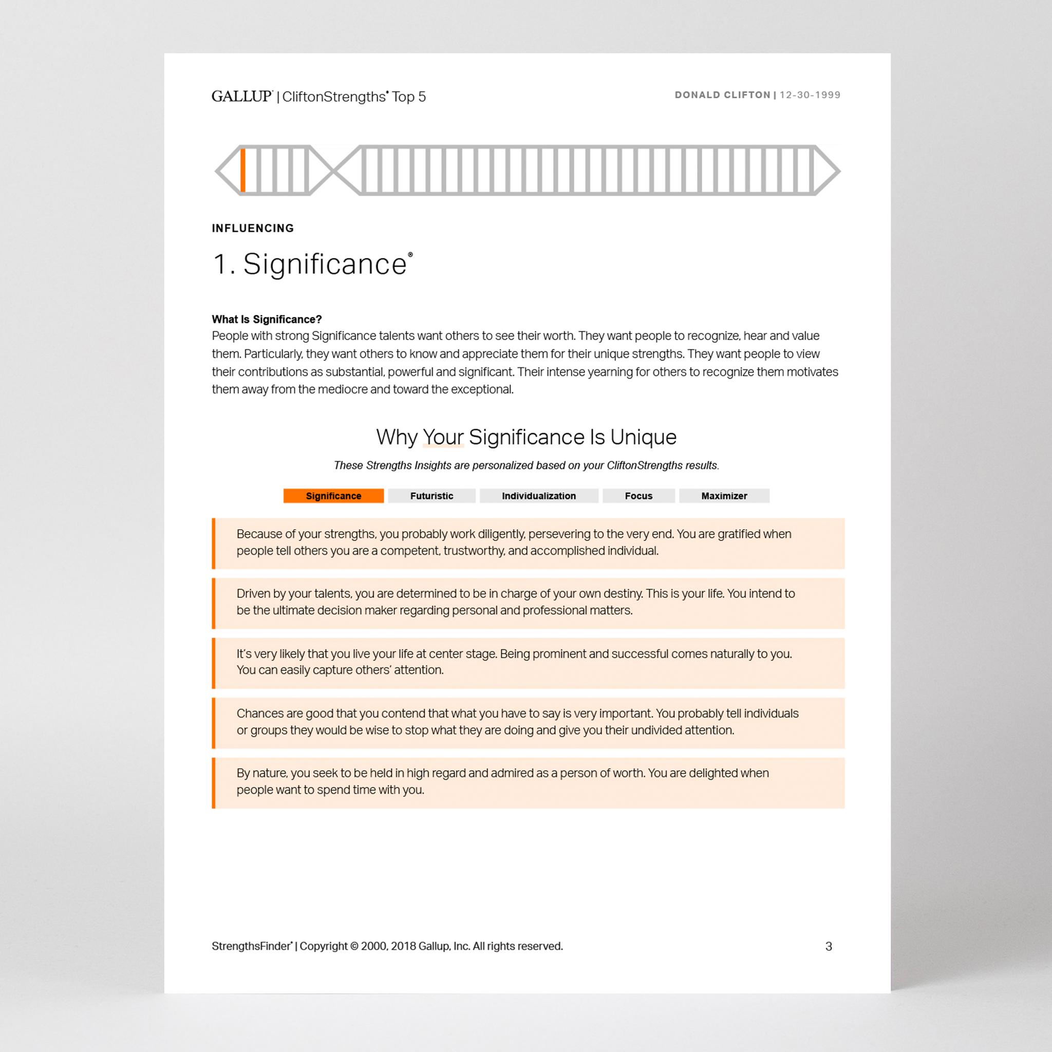 Page 3 of CliftonStrengths Top 5 report with top CliftonStrengths theme displayed.