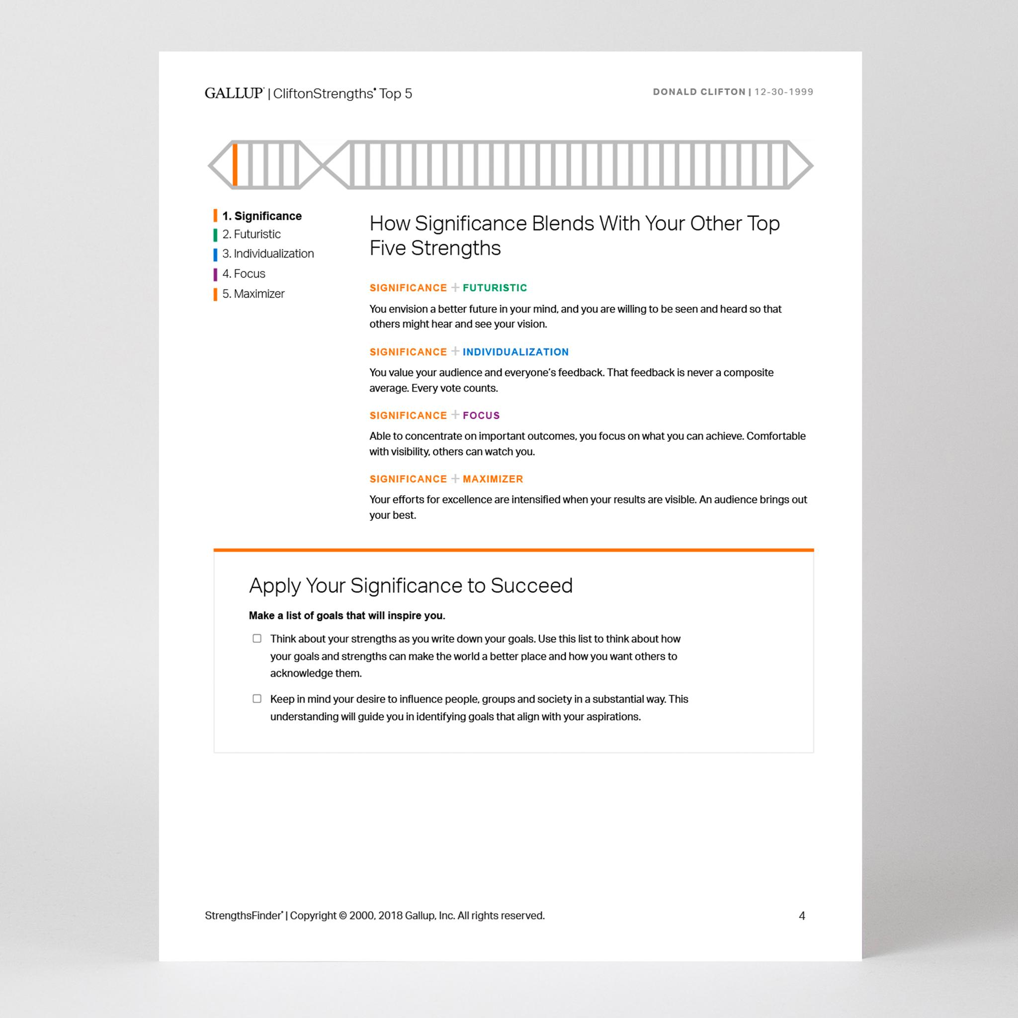 Page 4 of CliftonStrengths Top 5 report with top CliftonStrengths theme continued.
