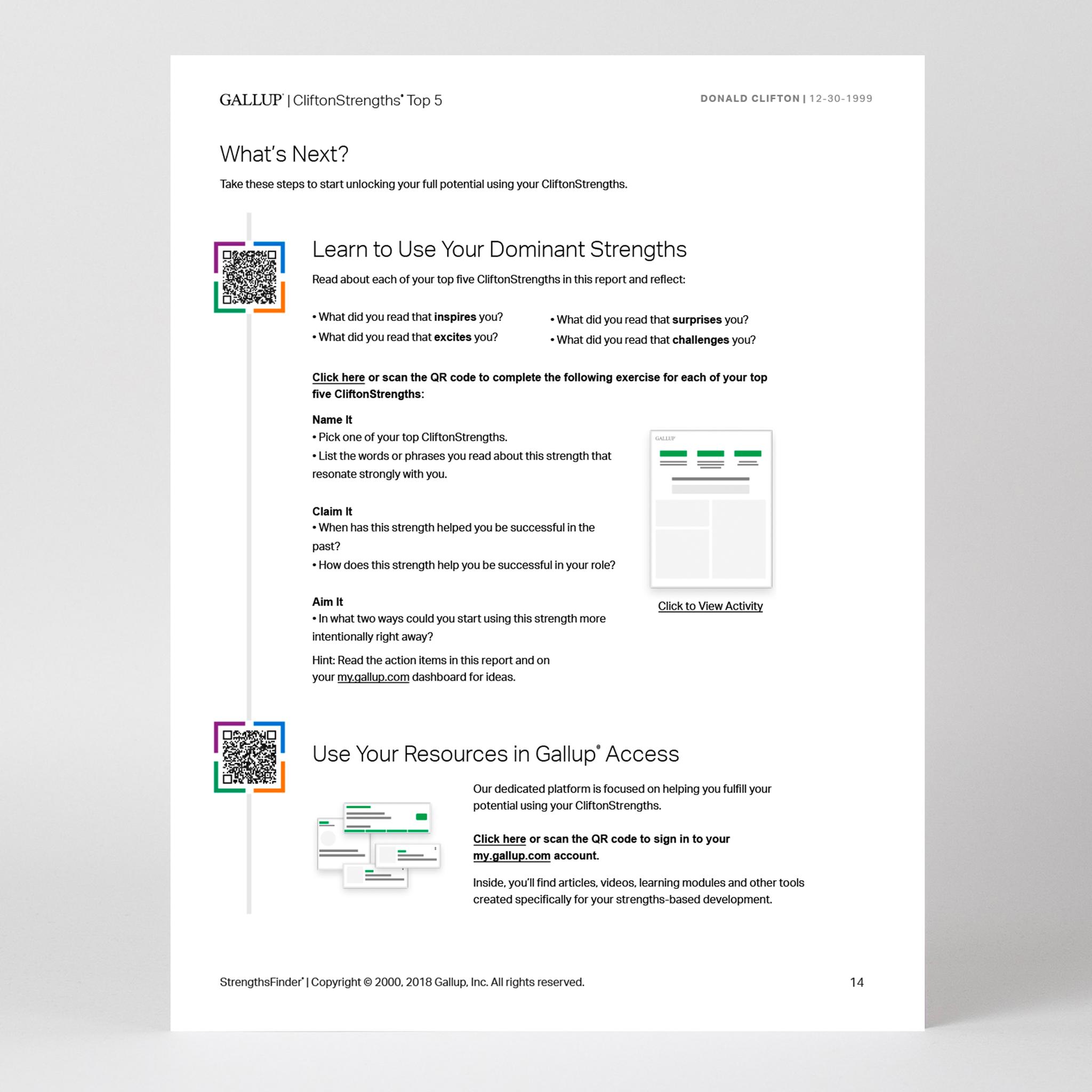 Page 15 of CliftonStrengths Top 5 report with CliftonStrengths activities displayed.