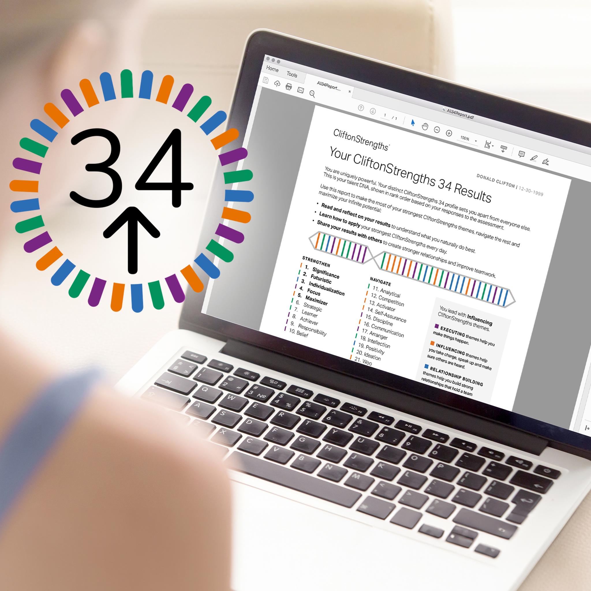 CliftonStrengths 34 report on a laptop