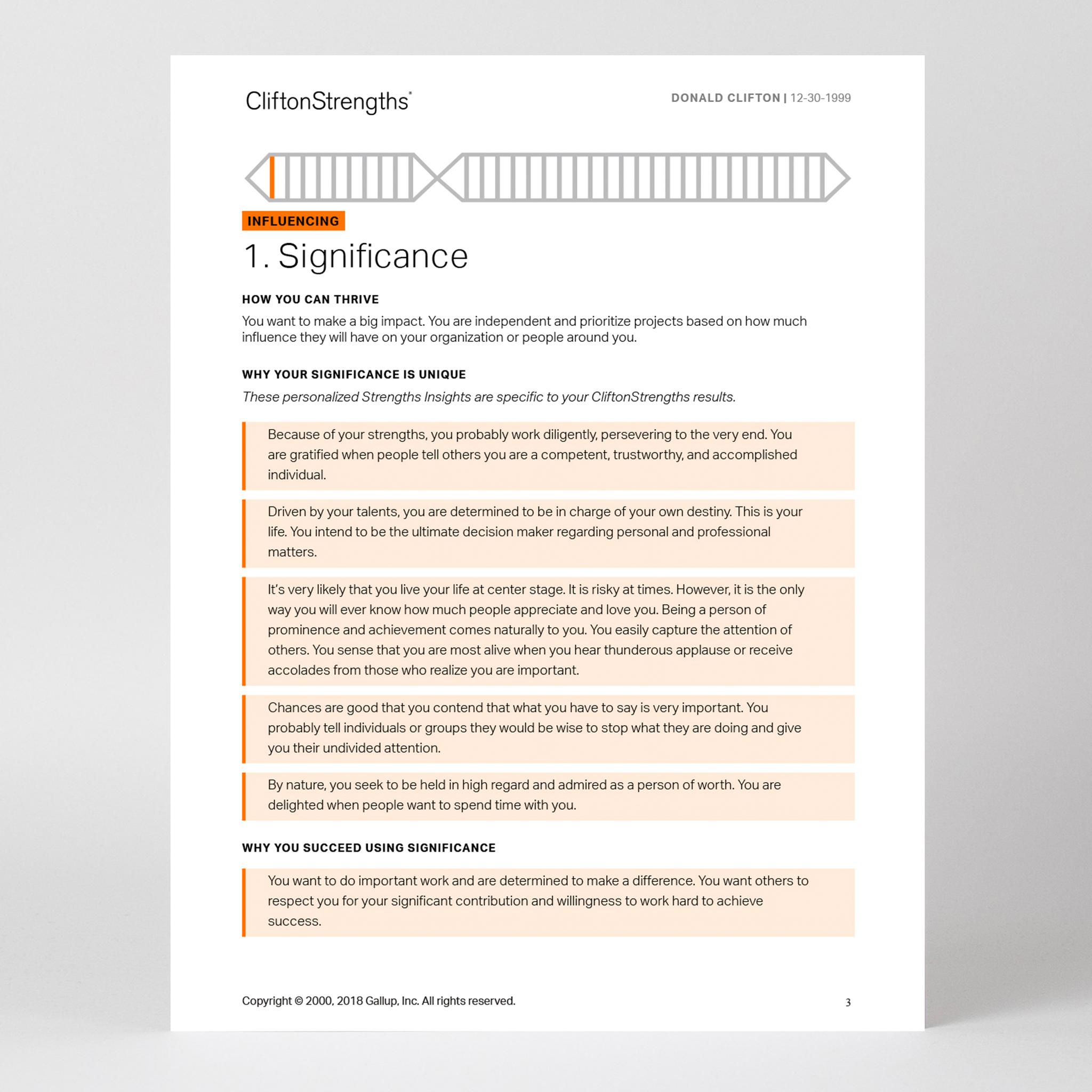 Page 3 of CliftonStrengths 34 Report with top CliftonStrengths theme displayed.