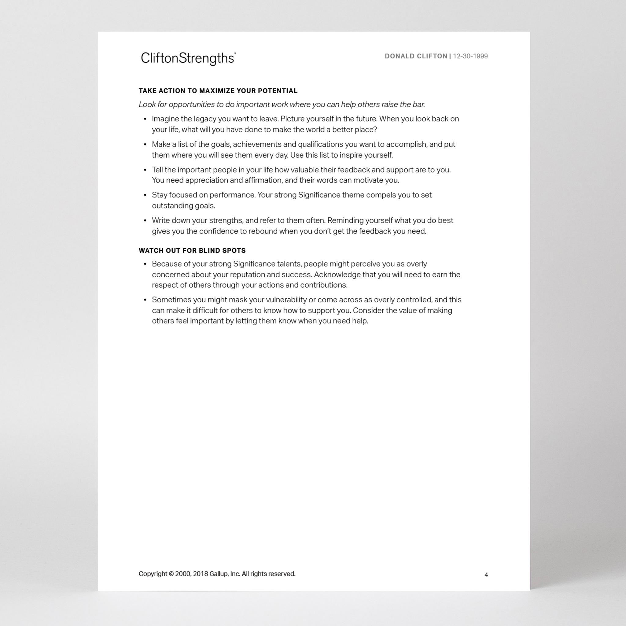 Page 4 of CliftonStrengths 34 Report with top CliftonStrengths theme continued.