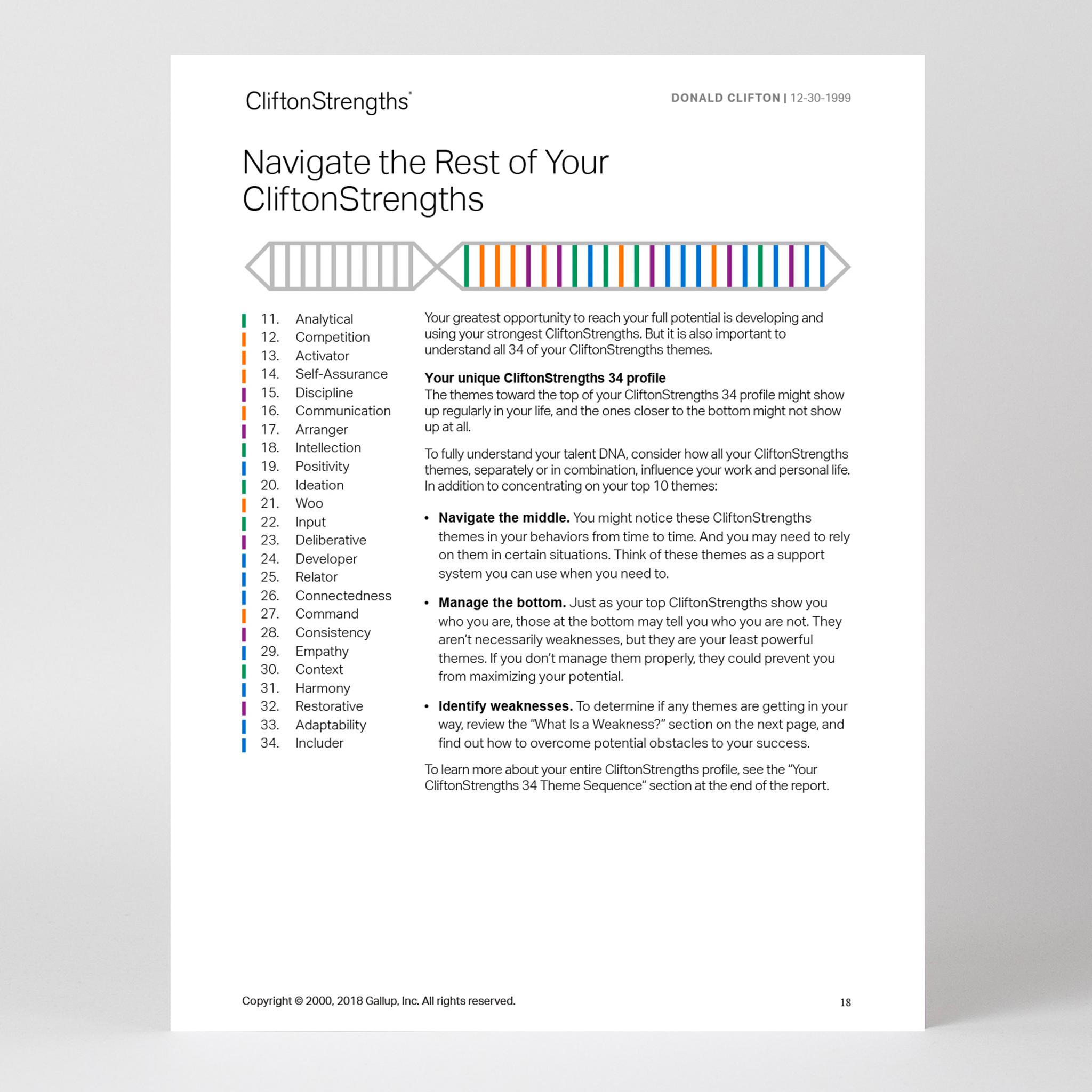 Page 18 of CliftonStrengths 34 Report with heading text saying Navigate the Rest of Your CliftonStrengths