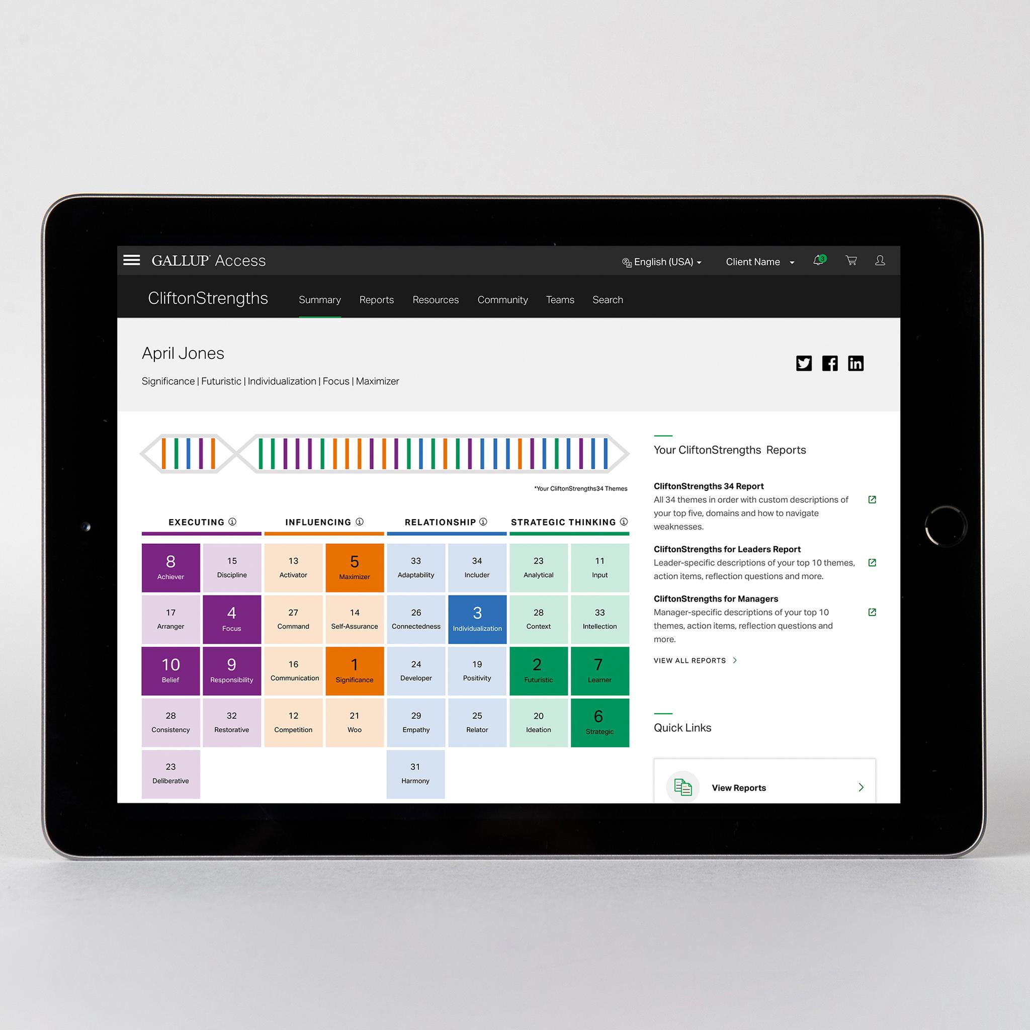 CliftonStrengths dashboard in Gallup Access online platform.