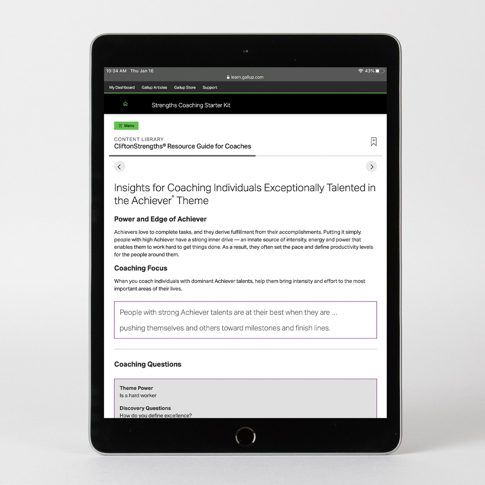 Digital kit displayed on device, featuring the Insights for Coaching Individuals Exceptionally Talented in the Achiever Theme page.