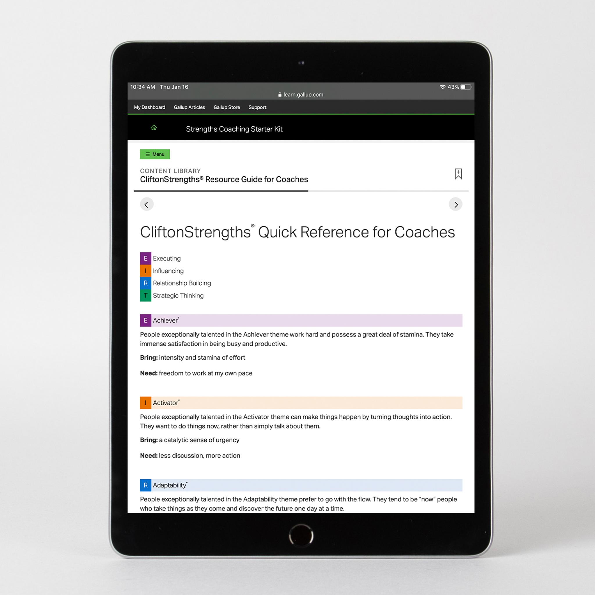 Digital kit displayed on device, featuring the CliftonStrengths Quick Reference for Coaches page.