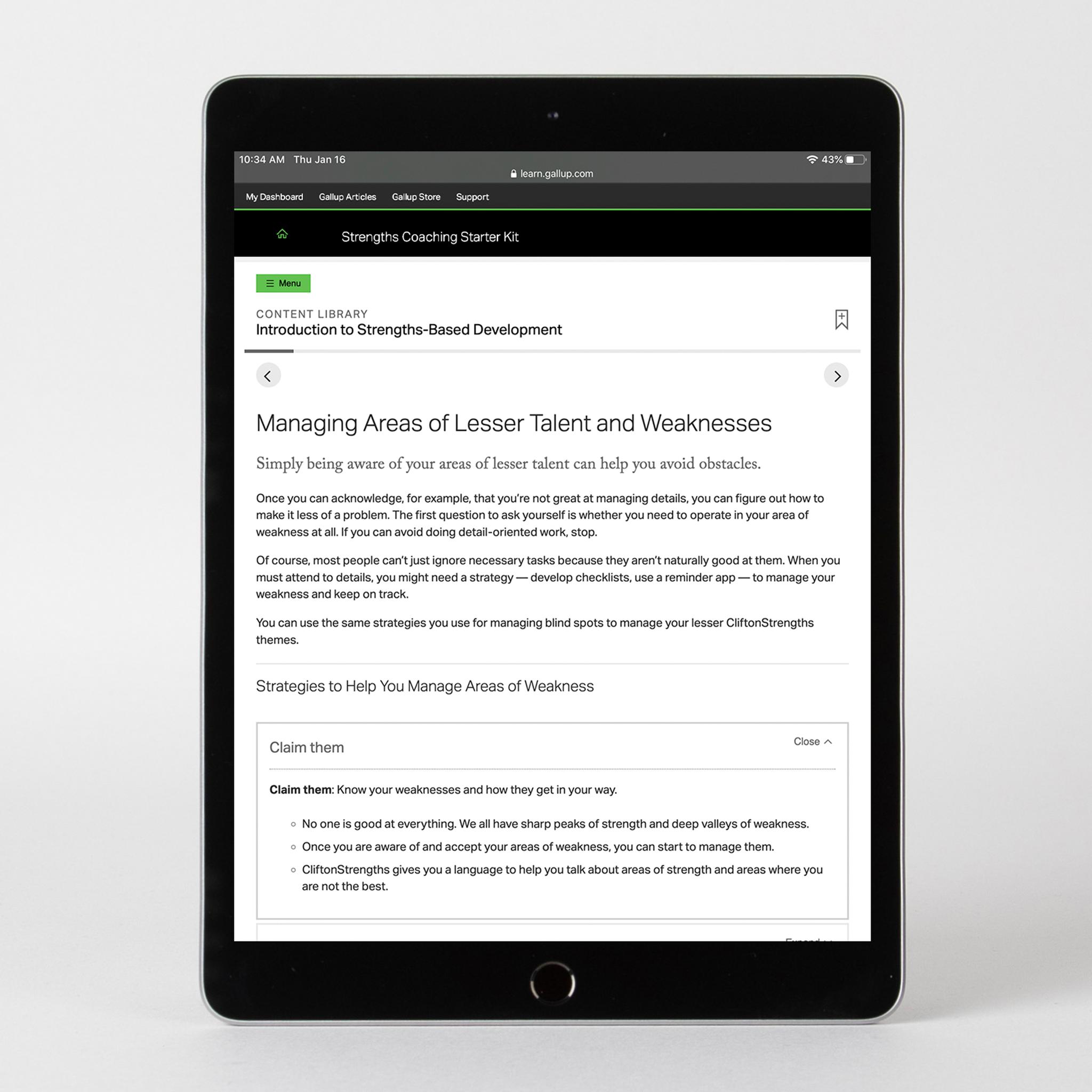 Digital kit displayed on device, featuring the Managing Areas of Lesser Talent and Weaknesses page.