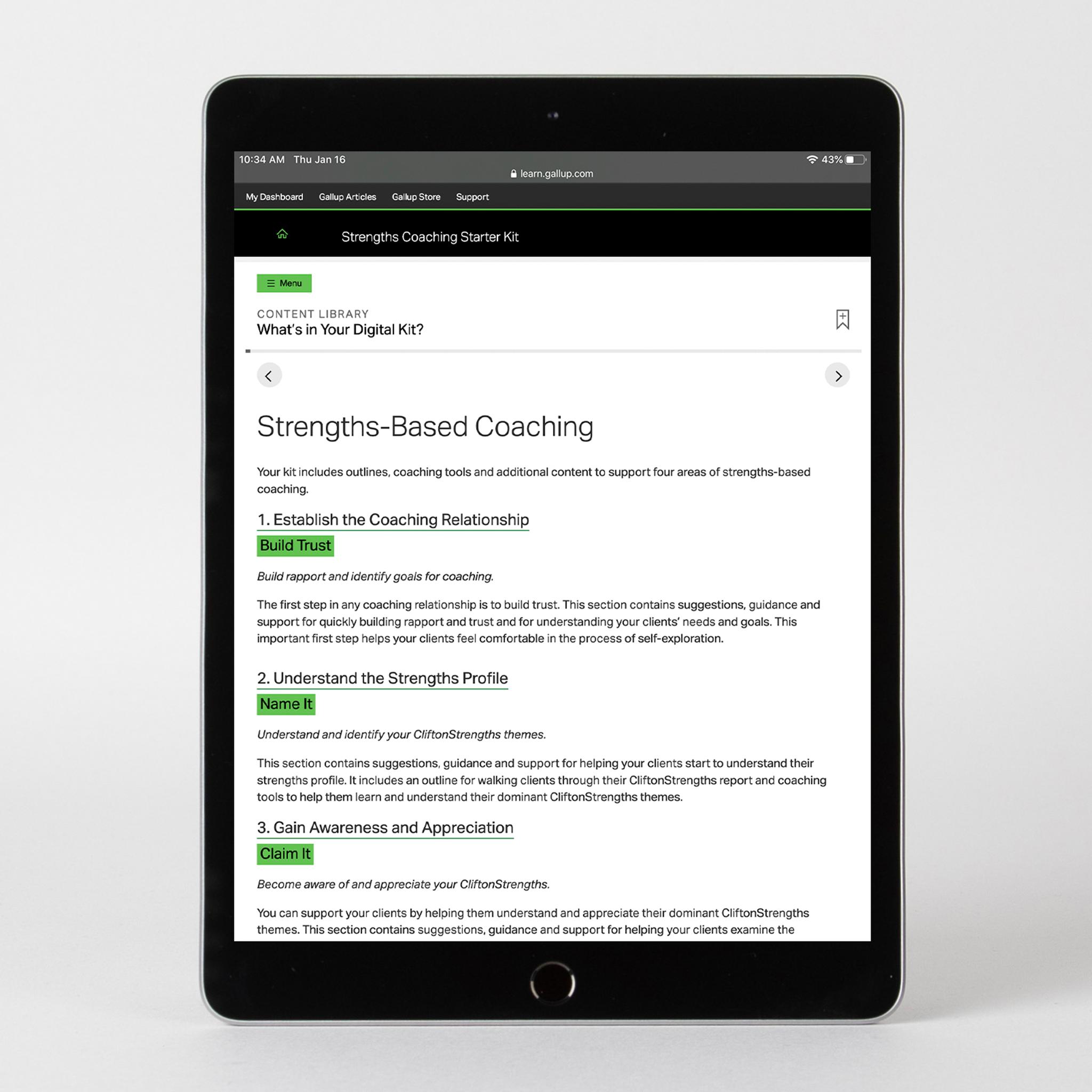 Digital kit displayed on device, featuring the Strengths-Based Coaching contents page.