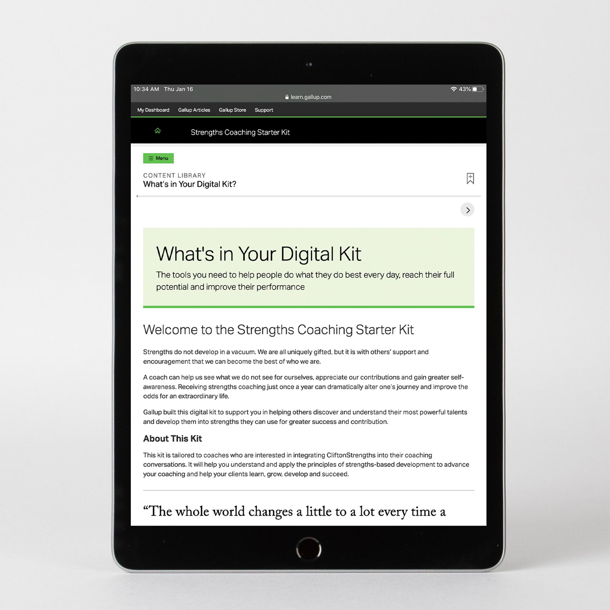 Digital kit displayed on device, featuring the What's in Your Digital Kit page.